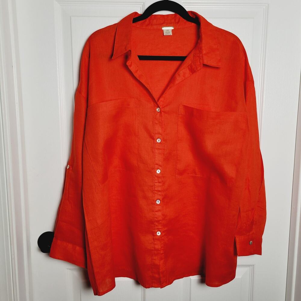 Magaschoni Shirt Top Womens Large Orange Linen Button Up Oversized Flowy Relaxed
